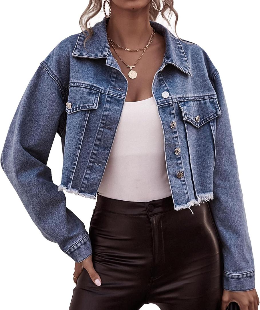 LONGYIDA Women's Cropped Denim Jacket | Distressed Button-Down Jean Jacket | Long Sleeve Ripped & Frayed Blue Coat (XX-Large, 2#Dark Blue)