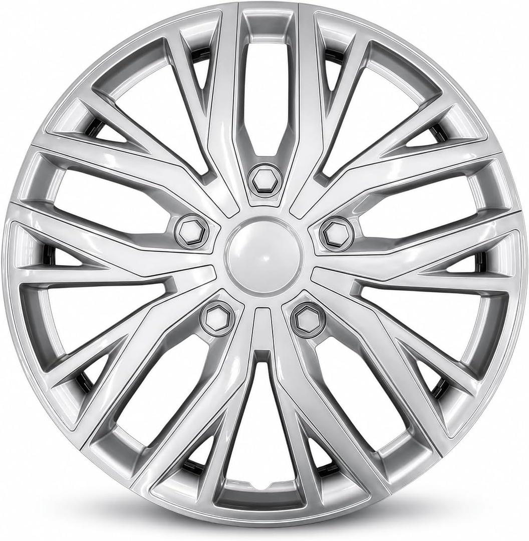 14 Inch Silver Hubcaps with Adjustable Steel Retention Rings, Premium ABS Universal Fit, Set of 4 Wheel Covers (Silver)