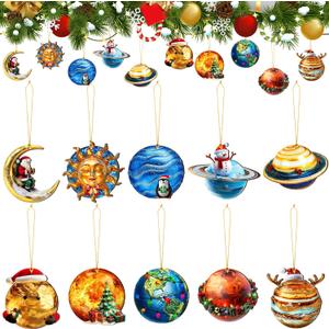 20 Pcs Eight Planets Hanging Christmas Ornaments with Santa Hat Flat Wooden Outer Space Solar System Cutouts Sun Earth Moon Ornaments with Rope Shoot Hanging Tree Decor for Holiday Xmas