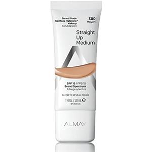 Almay Skintone Matching Foundation, Smart Shade Face Makeup with SPF 15, Hypoallergenic, Oil-Free, Dermatologist-Tested, 300 Straight Up Medium, 1 fl oz