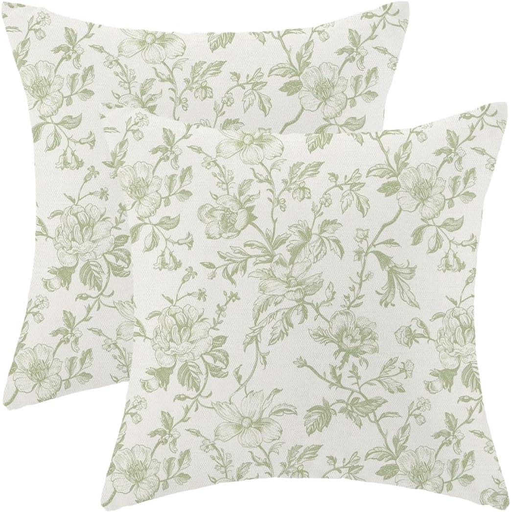 Sage Green Pillow Covers 20x20 Inch Vintage Light Green Floral Throw Pillows Set of 2 Chinoiserie Farmhouse Flowers Pillowcases Outdoor Decor for Living Room Bedroom Linen Square Cushion