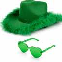 4E's Novelty Cowboy Hat with feathers With Heart Shaped Sunglasses for Women, Felt Cowgirl Hat for Party Costume Dress Up (Green)