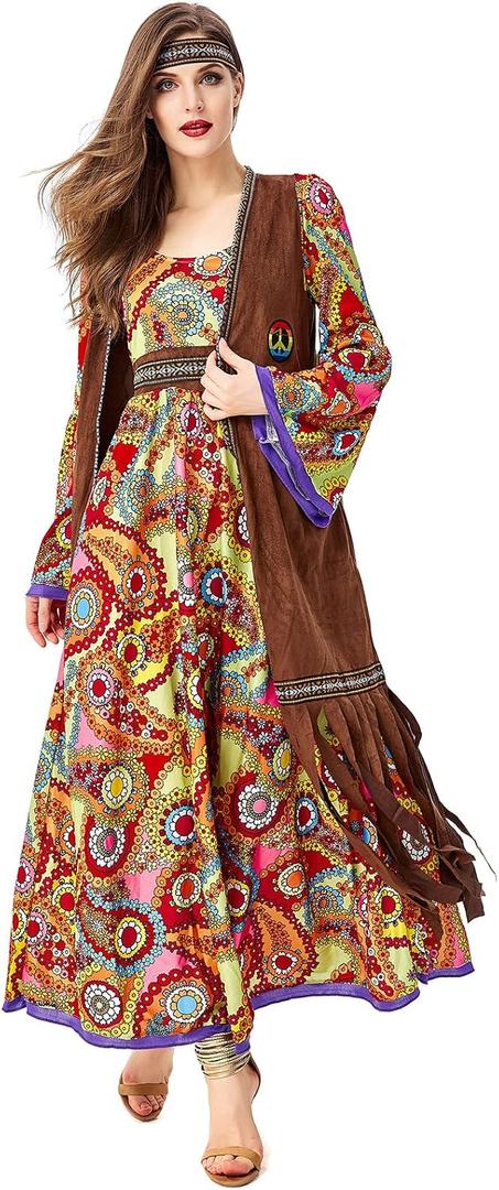 70s Outfits for Women 70s 60s Hippe Costume Dress Women 70s Disco Outfit Party Dance Dress 70s Hippe Disco Dress (Orange, M)