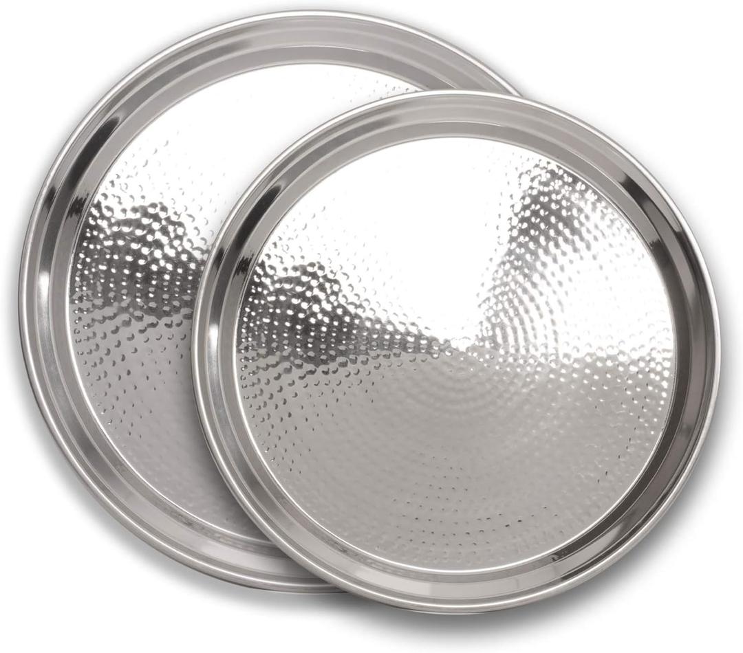Hammered Stainless Steel Trays – Round Silver Serving Trays - Metal Serving Tray - 2 Pc - Large Tray 15” Medium Tray 13” - Decorative Platters – by Colleta Home