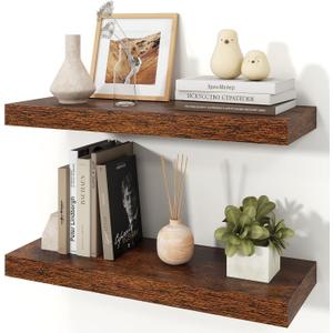 Floating Shelves for Wall, 9.3" Deep Wall Mounted Wood Shelves for Bathroom, Bedroom, Living Room, Kitchen, Hanging Shelf for Books/Storage/Room Decor (Brown, 24") Set of 2