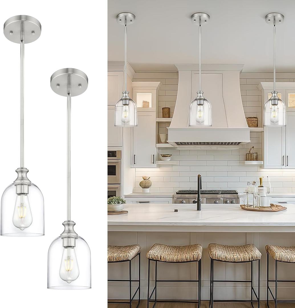 AUTELO 2 Pack Brushed Nickel Pendant Lights, Glass Pendant Lights Kitchen Island with Clear Cylinder Glass, Industrial Pendant Lighting with Adjustable Rods, H2511 CLST 2PK (Silver)