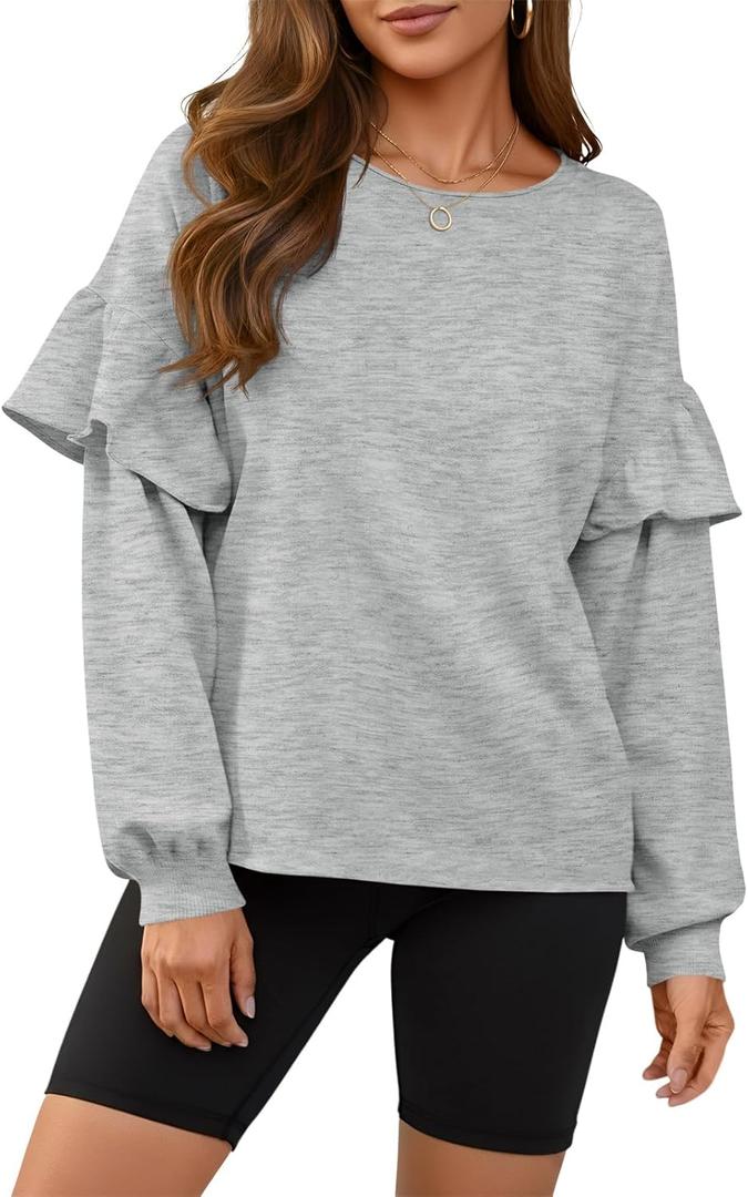 Fisoew Womens Crewneck Sweatshirts Fall Casual Ruffle Long Sleeve Roll Hem Loose Cropped Pullover Tops (XX-Large, Grey)