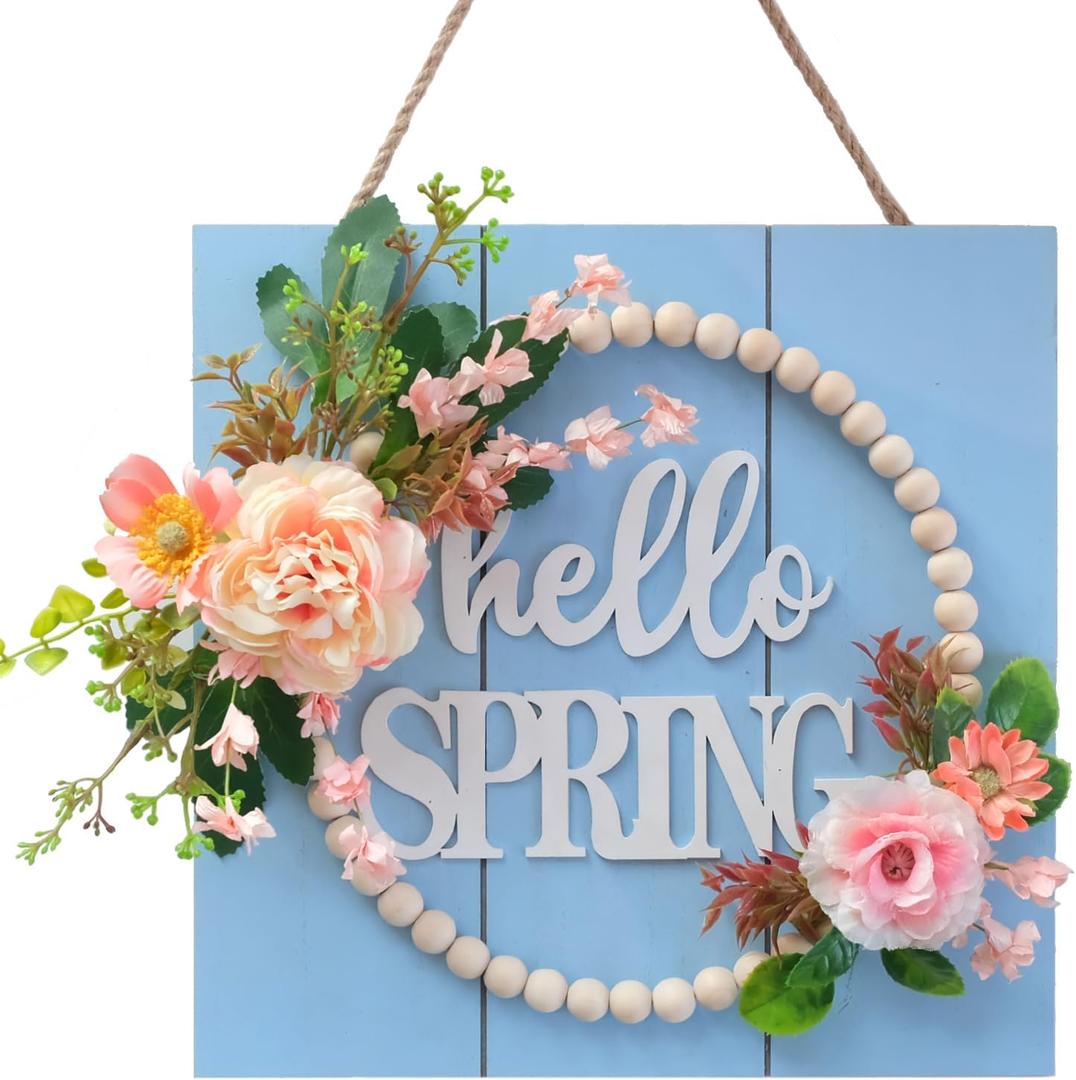 Idyllic Hello Spring Sign Wreath for Front Door, Artificial Flower Wreath with Hello Spring Wooden Sign for Farmhouse Wall Wedding Decor Window Front Porch Decor (Blue)