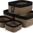 5-Pack Small Woven Rope Storage Baskets  2 Sizes Organizer Bins for Closet, Shelf, Bookshelf, Nursery, Changing Table, Fabric Cube Boxes, Rectangular Shallow Bins for Bathroom, Toy & Home (11.81*7.48*4.72'' & 5.91*5.91*2.56'', Black & Gold)