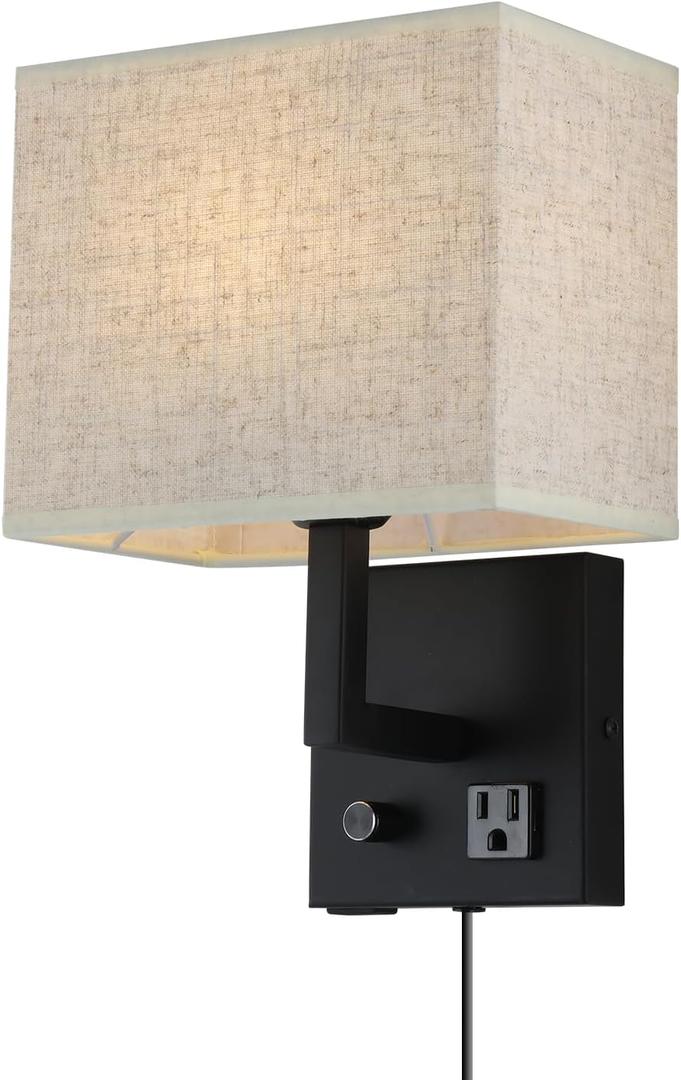 Bedside Wall Mount Light with Outlet and Dimmable Switch, Black Fabric Shade Wall Sconce Light with USB Port and Plug in Cord, Perfect for Bedroom, Living Room and Hotel