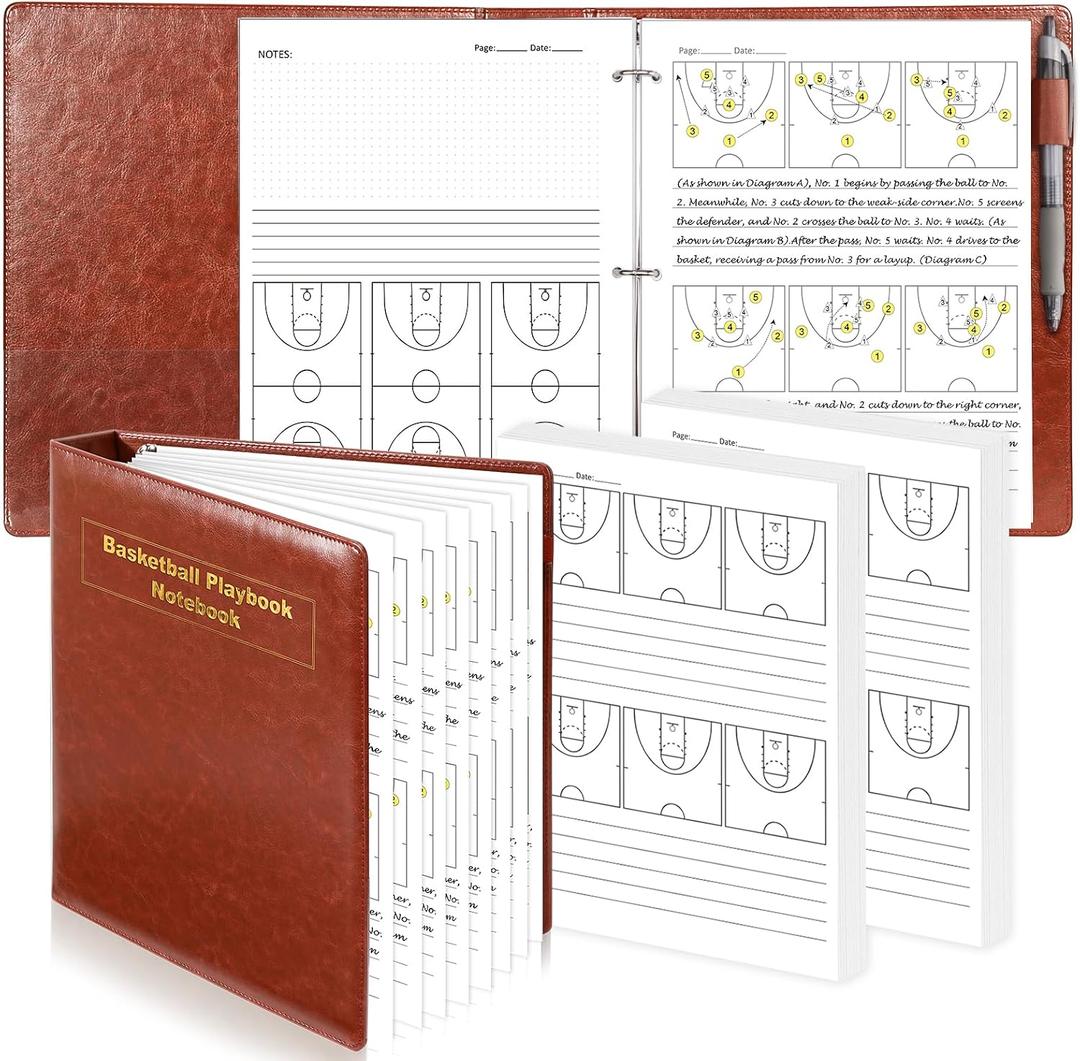 PU Leather 8.5 * 11 in Basketball Coach Notebook 63 Page Playbook Journal Basketball Coach Binder Red Brown Basketball Practice Planner Drills Accessories for Players Student Coach Enthusiasts