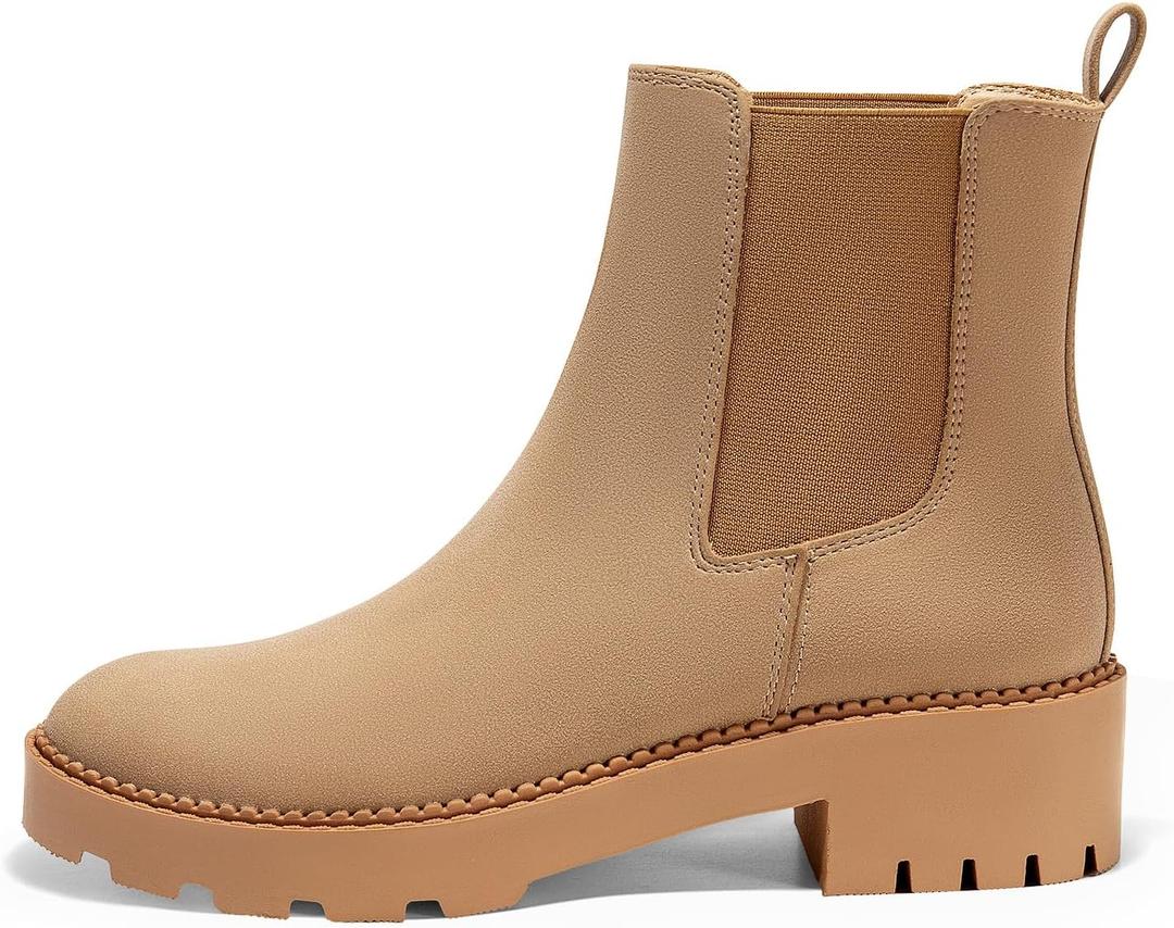 Coutgo Womens Platform Chunky Low Heel Slip on Chelsea Boots Suede Elastic Ankle Boots (Beige)