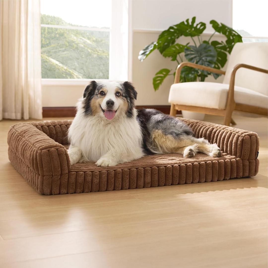 Bedsure Comfy Fleece Orthopedic Dog Beds for Extra Large Dogs, Waterproof Memory Foam XL Pet Bed with Sides, Non-Slip and Egg-Crate Foam Big Dog Couch Sofa with Washable Corduroy Cover, Brown, 42.0"L x 30.0"W x 7"Th