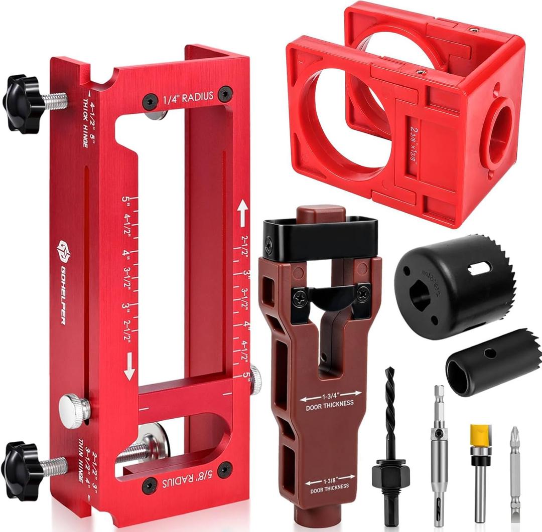 Door Hinge Jig, Aluminum Alloy Door Hinge Template Kit for Router, Adjustable Mortise Jig Fits Door Hinges from 2.5" to 5" Length, 1/4" R, 5/8" R, Square Corner (with Door Lock and Latch Kit)