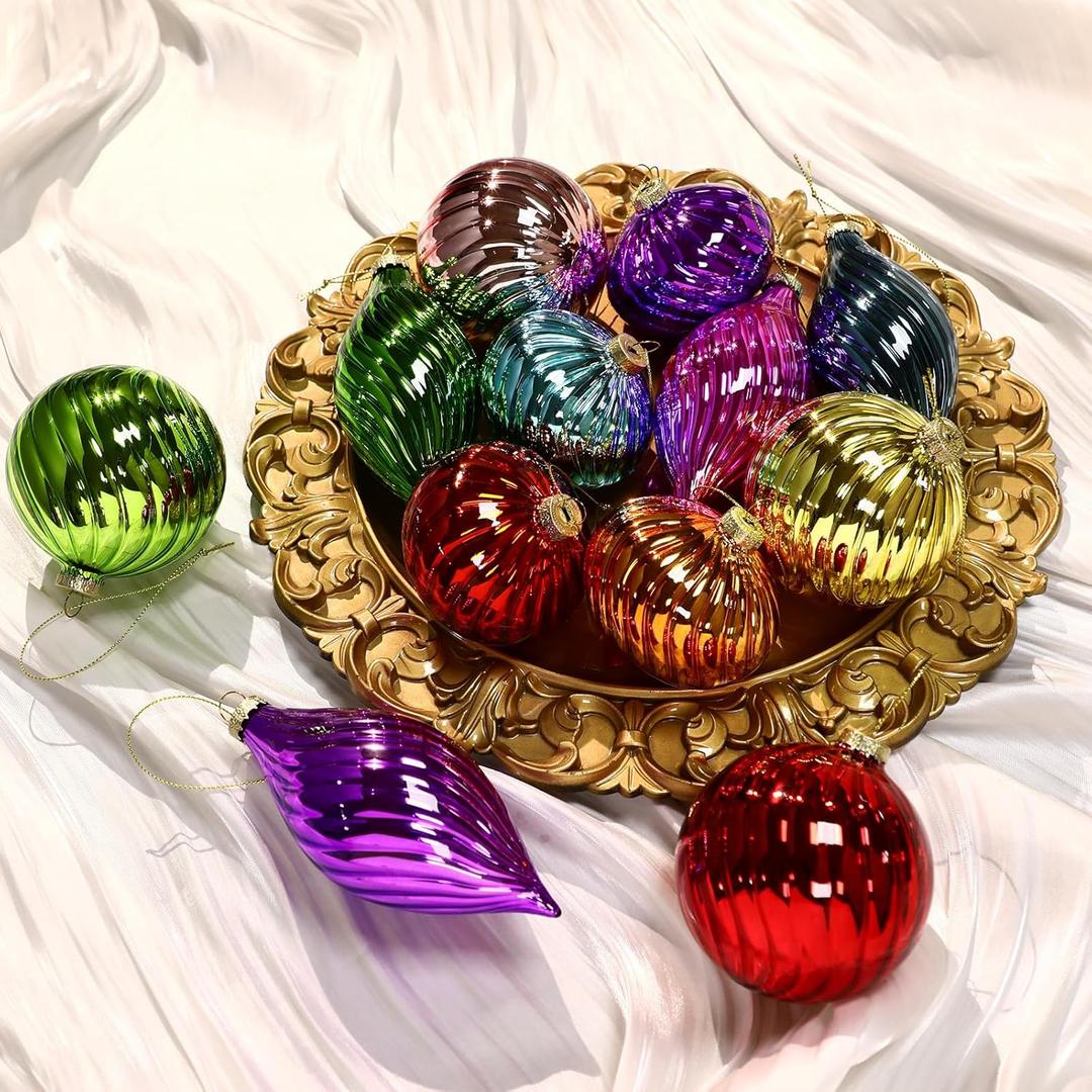 12 Pcs Glass Christmas Ball Ornaments, Shiny Heart Hand Blown Glass Ornaments Hanging Balls, Xmas Tree Wedding Holiday Decor for Christmas Tree Decoration (Silver) (Colorful)