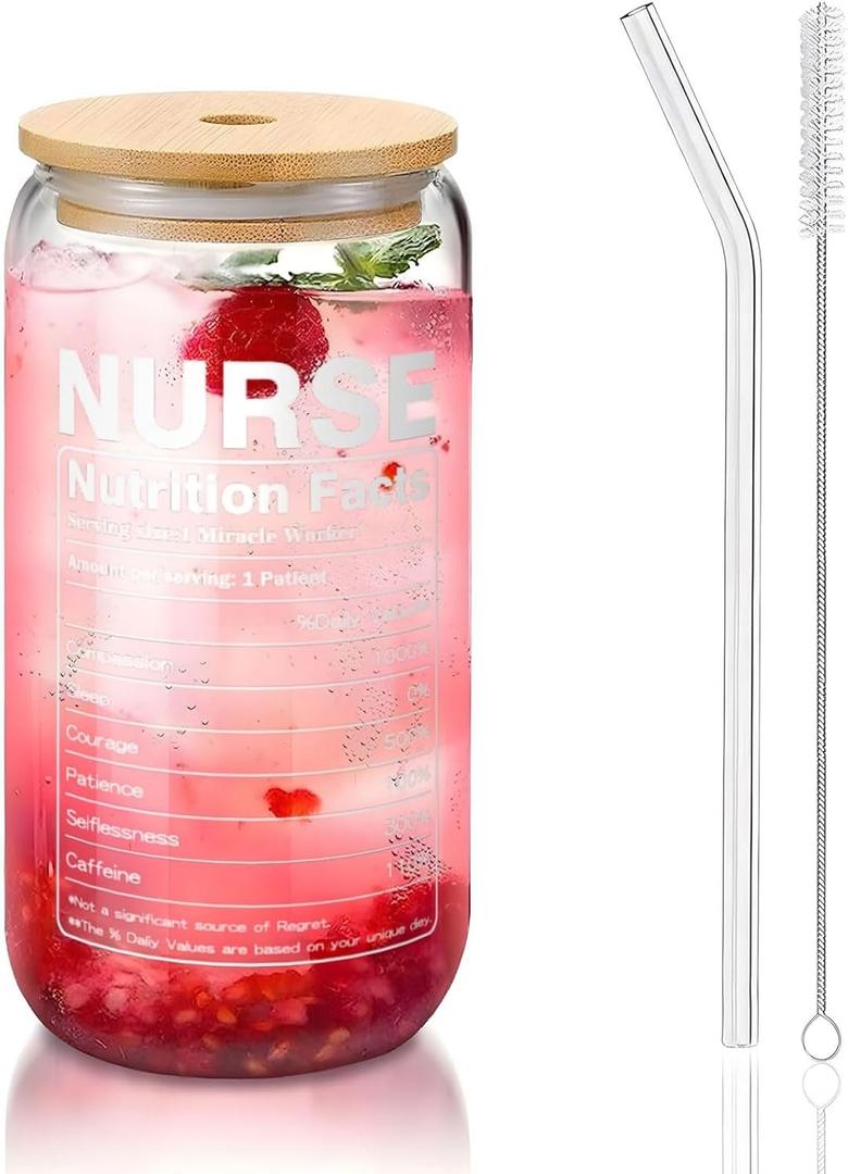 Nurse Appreciation Souvenir 16oz Drinking Glass With Bamboo Lid And Straw, Beer Tumbler For Mojito Iced Coffee Cocktail Tea Juice, Cute Tumbler Cup, Suitable For Restaurants, Cafes And Bars