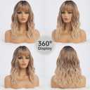 simkaylee Wavy Long Ombre Blonde Wigs with Bangs for Women Medium Middle Length Blond Wig Synthetic with Water Wave Fringe Womens Heat Resistant Hair Wig for Daily Party Use (16inch)
