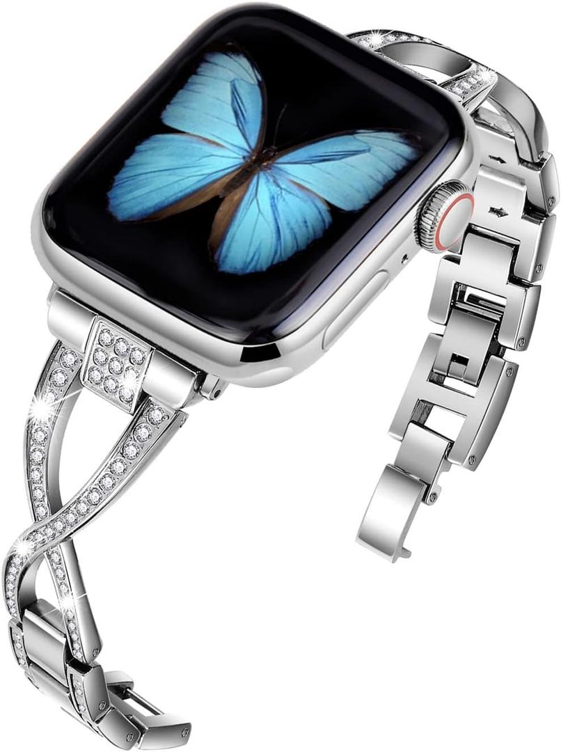 Bands for Apple Watch 38mm 40mm 41mm 42mm(Series10 11) Women Series11 10 9 8 7 6 5 4 SE iwatch Band Bling Metal Bracelet Dressy Fancy Cute Strap Silver
