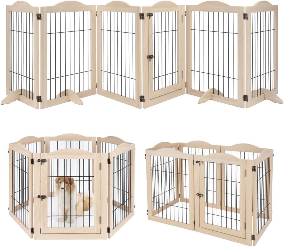 unipaws 132" Extra Wide Dog Gate and Pet Playpen, Free Standing Tall Fence with Walk Through Door, Barriers for Home, Use as Indoor Dogs Cats Pen, Rabbit Pen, Nature