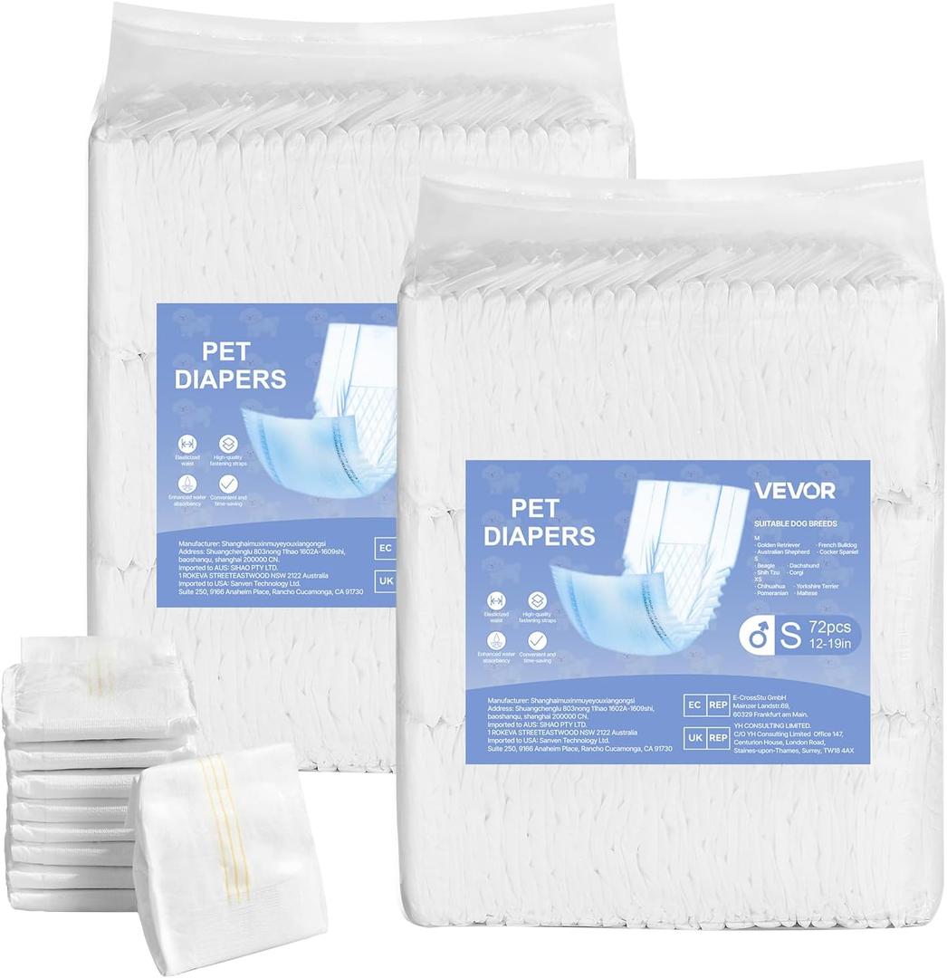 VEVOR Disposable Male Dog Diapers, Super Absorbent Male Dog Wraps, 360  Leak-Proof Belly Bands with Wetness Indicator for Male Doggies in Heat, Training, Incontinence - S, 144 Count (2 Packs of 72)