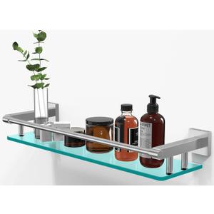 20IN Glass Shelf for Bathroom Nickel Rectangular Stainless Steel Tempered Glass Modern Wall Mount Shelf Sink Over Toilet Bathroom Shelves (Brushed Nickel, 20) (20 with Railing)