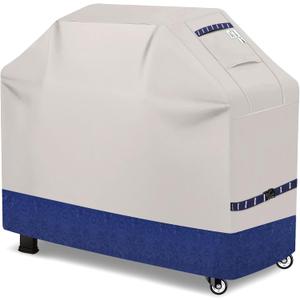 Grill Cover 600D Heavy Duty, Universal Fit Waterproof BBQ Grill Protector with Adjustable Straps, Weatherproof Outdoor Oven Cover for All Seasons (64" L x 26" W x 48" H, Fog/Navy)