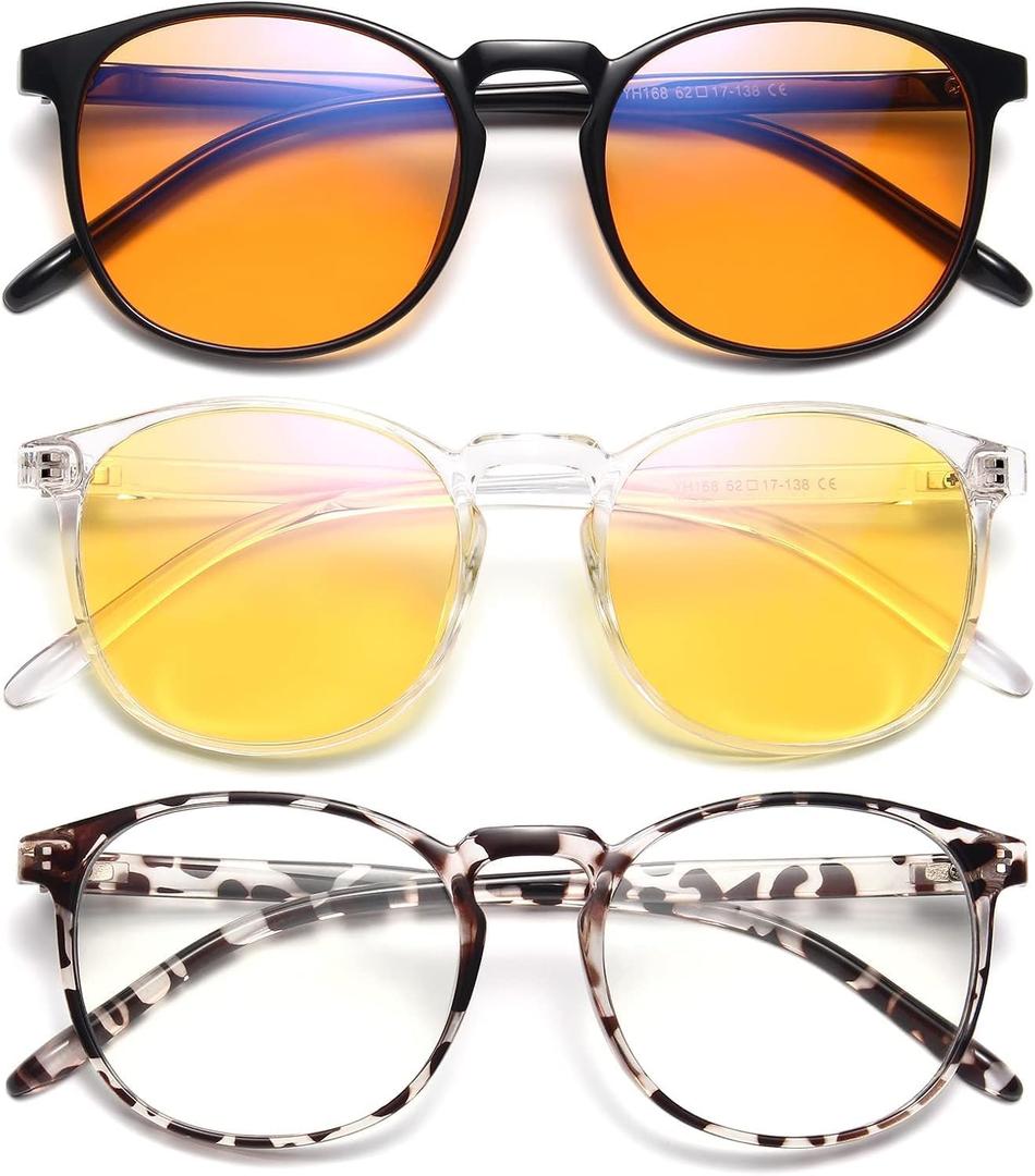 IBOANN Chic & Comfy Blue Light Glasses for Women - 3-Pack Round Frames, Screen-Ready Style with UV Protection Coating (E11 Light Black & Leopard & Transparent)