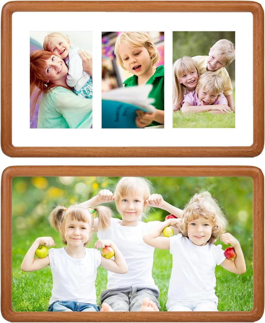 8x14 Collage Picture Frame Teak Wood, Multiple Three 4x6 Photos or 11x14 without Mat, Rustic Rounded Corner Photo Frame with Tempered Glass Hanging Displaying Horizontally or Vertically