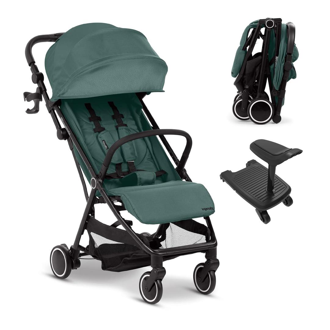 Ingenuity 3D Travelmate Pro Lightweight Travel Stroller with Fold-Away Ride-On Board for Toddlers, Airplane Overhead Bin Compatible, Car Seat Ready, One-Hand Fold, Green