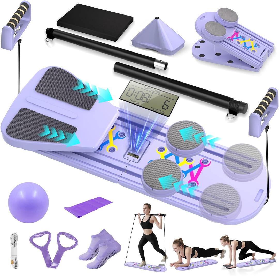Pilates Board, Foldable Pilates Reformer Set for Home Workout with Timer, 6-in-1 Multifunctional Portable Reformer Pilates Machine at Home Pilates Equipment for Fitness, (Purple)