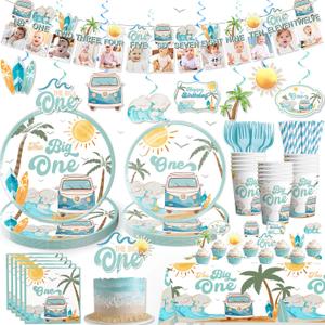 178pcs The Big One Birthday Decorations for 25 Guest, The Big One Party Decorations Tableware includes Banner Hang Swirls Plates Napkins Cups Forks Straw Caketopper Cupcake Topper Tablecloth