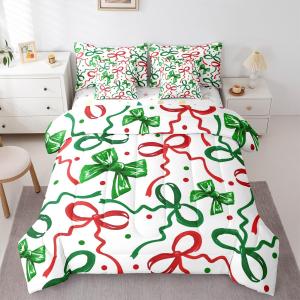 Erosebridal Green Red Ribbon Bow Full Bedding Set 7 Piece Xmas Coquette Bed in A Bag with Sheets Christmas Style Comforter Set for Kids Adults,Polka Dots Bed Sets