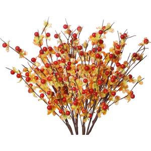 JFLORU 6 Pack Fall Picks,17 Tall Fall Berry Stems Autumn Orange Spray with Red Berries for Fall Home Decor and Thanksgiving Day Harvest Festival Celebration (Orange Leaves and Red Berries)