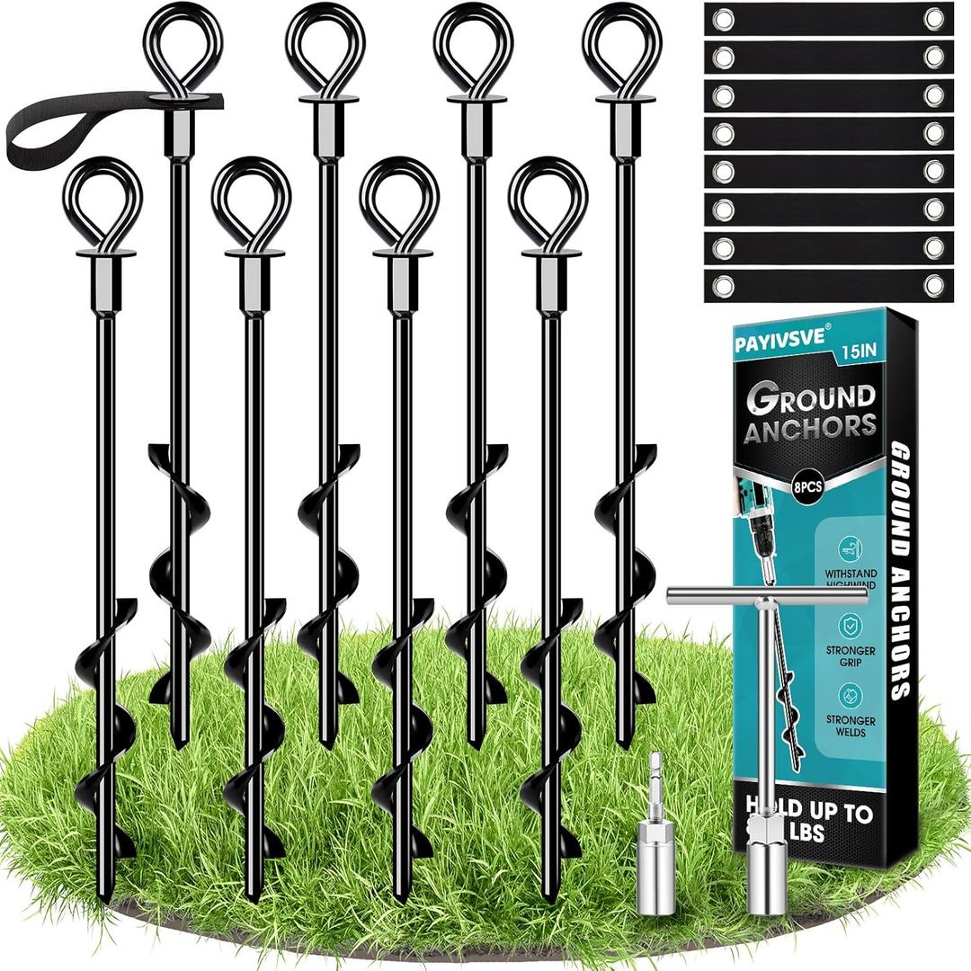 Ground Anchors Screw In 8 Pcs, Trampoline Stakes Anchors with Straps Resistant High Wind, Earth Anchor for Swing Set, Tent, Trampolines, Carport, Canopies (8x15 In) (Black)