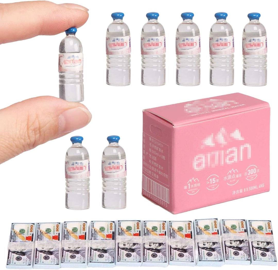 1 Set Miniature Accessories Dollhouse Water Bottles Mini Drinking Bottle & Box, Miniature Money for Mini Elf Accessories Action Figure Props DIY Crafts Projects,Fairy Garden Pub Bar Decor