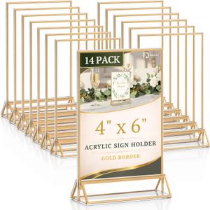 Daofary Acrylic Sign Holder 4x6, 14 Pack Double Sided Clear Gold Frame Tabletop Display, Menu Flyer Table Number Holder for Wedding Reception and Restaurant Tables