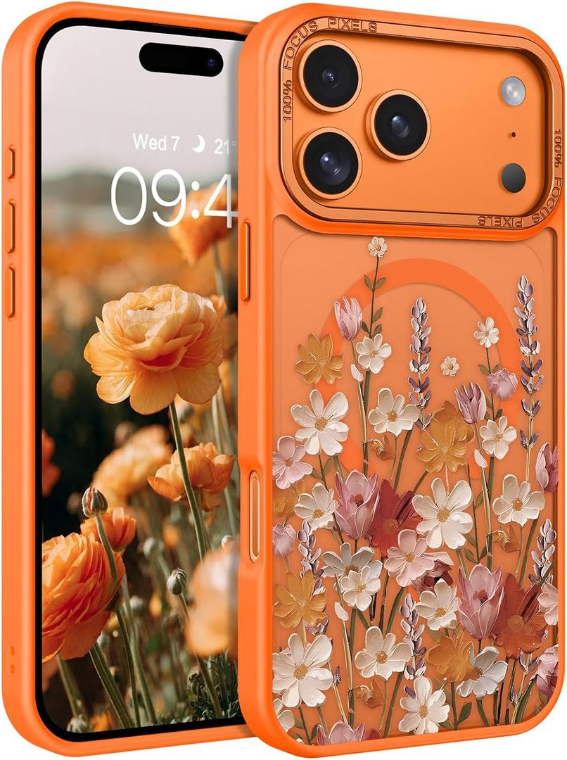 DOMAVER for iPhone 17 Pro Max Case, Magnetic Phone Case for iPhone 17 Pro Max [Compatible with MagSafe] Slim Fit Flowers Floral Design Shockproof Protective Bumper Women Girls Cover, Spring-Orange