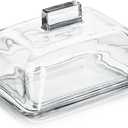 QFkris Clear Glass Butter Dish with Cover for Countertop, 7" Large Square Crystal Butter Dish with Lid and Wide Handle for Fridge Kitchen