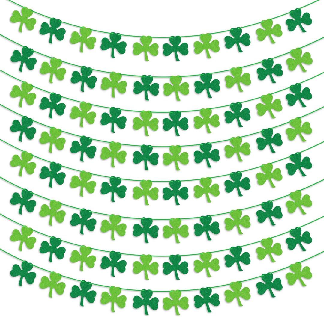 St. Patrick's Day Decorations 8PCS Felt Shamrock Garland Banner - NO DIY Shamrock Clover Garland Banner for St. Patrick's Day Decor - Dark Green Light Green for Irish Party Supplies