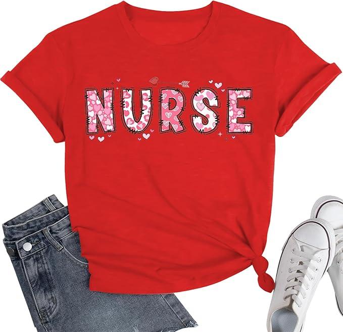 Womens Valentines Shirt-Pink Nurse Valentines Day Tshirts Funny Teen Girl's Holi Vacation Casual Outfit
 L