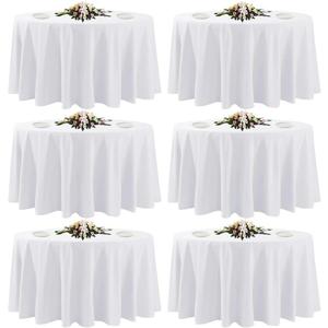 6 Pack White Round Tablecloths, 120 Inch Stain Resistant and Wrinkle Polyester Fabric Washable Table Clothes Cover for Kitchen Dining, Wedding, Reception Banquet, Birthday Party, Buffet Restaurant