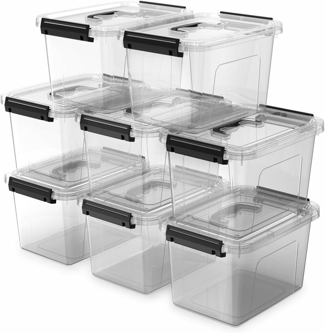8-Pack Storage Latch Bins with Lids/Handle, 5 Quart Clear Plastic Latching Organize Box, Stackable Storage Containers for Organizing
