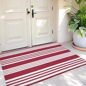 USTIDE Red and White Striped Outdoor Rug 35.4'' x 59''Cotton Hand-Woven Rug Washable Outdoor Doormats Outdoor Entrance Mat for Front Door Kitchen Entryway Patio Front Porch Christmas Door Mat