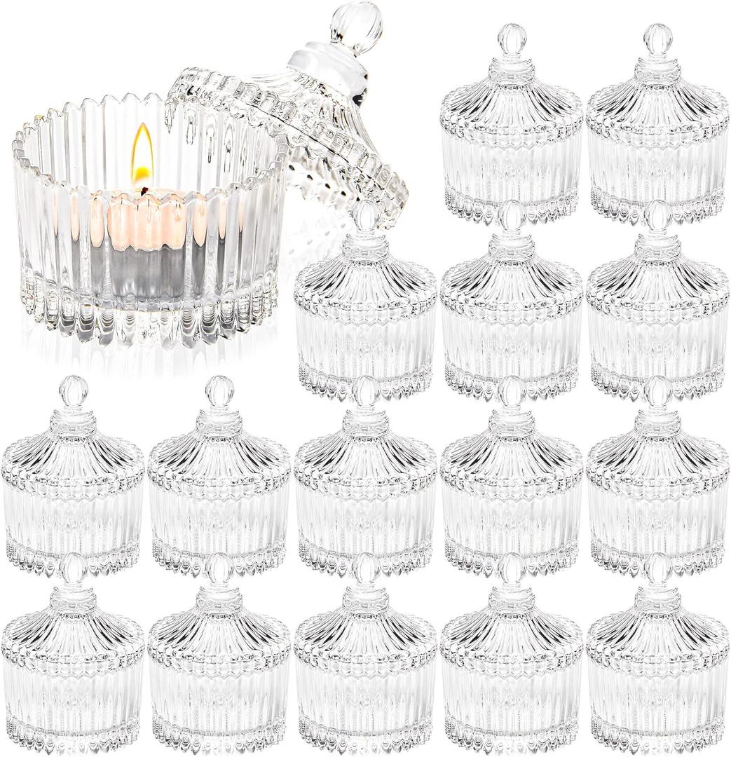 16 Piece Votive Candle Holders with Lids, Tealight Candle Holders in Bulk, Glass Small for Table Centerpiece, Wedding, Home Decor (2.68'' x 1.65'', Clear)