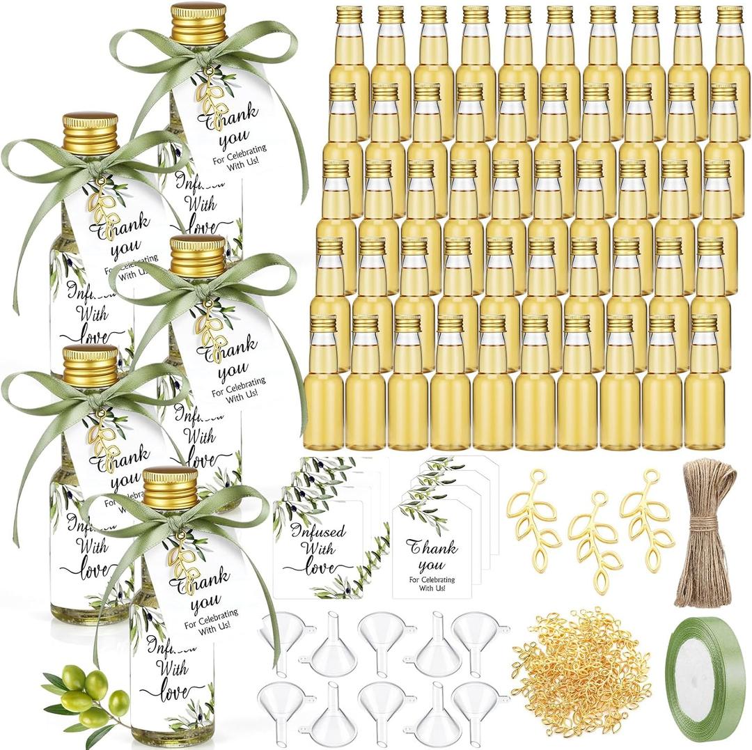 Suclain 50 Set Mini Olive Oil Bottles 2 oz Small Homemade Olive Oil Plastic Bottles with Caps Funnels and Tags Reusable Containers for Wedding Baby Shower Favors
