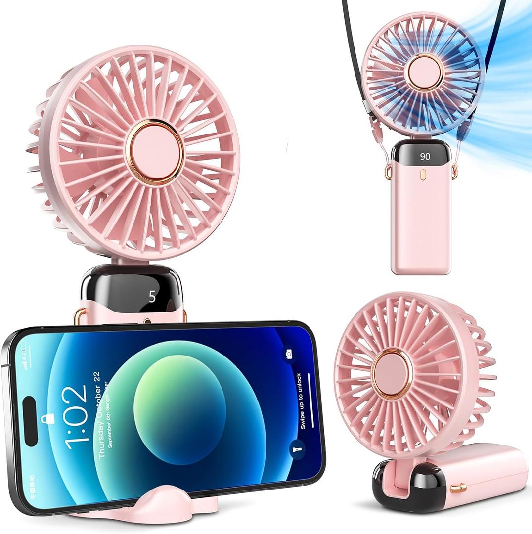 Koonie Portable Handheld, Battery Operated with Base, 8 Hours, Digital Display, 5 Speeds, 90 Ajustable, Rechargeable Mini for Outdoor Indoor Pink