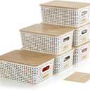 Small Plastic Storage Bins with Bamboo Lids 5.2qt Stackable Box Basket Pantry Decorative Containers Cute with Lable for Organizing Desktop Closet Office Cream White of 6 packs 10*7.2*4.1"