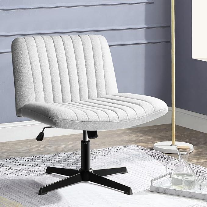 PUKAMI Criss Cross Legged Office Chair,Armless Office Desk Chair No Wheels,PU Leather Modern Swivel Vanity Chair,Height Adjustable Wide Seat Mid Back Computer Task Chair for Home Office (Grey)