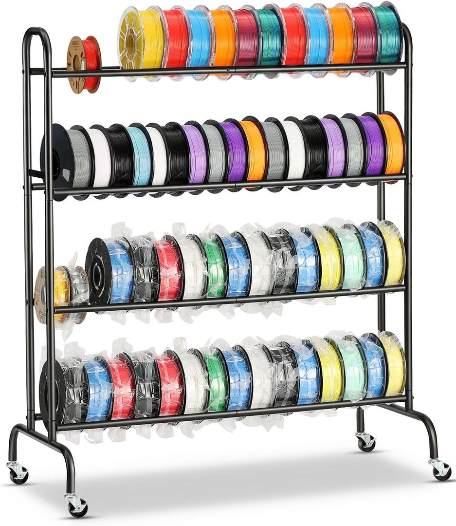 AHOWPD 3D Printer Filament Storage Rack - 4 Tier Rolling Filament Spool Holders Racks with Wheels, Heavy Duty Metal Shelf for PLA/ABS/TPU, Filaments Organzied for 3D Printing Studio, Office Workshop