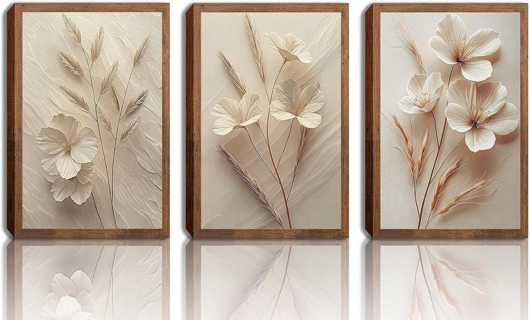MQjopna Neutral Beige Floral Canvas Wall Art Set of 3, Modern Minimalist Texture Botanical Wall Decor, Vintage Flower Poster Prints for Living Room Bedroom Farmhouse Ready Home Decor 24x16in Framed